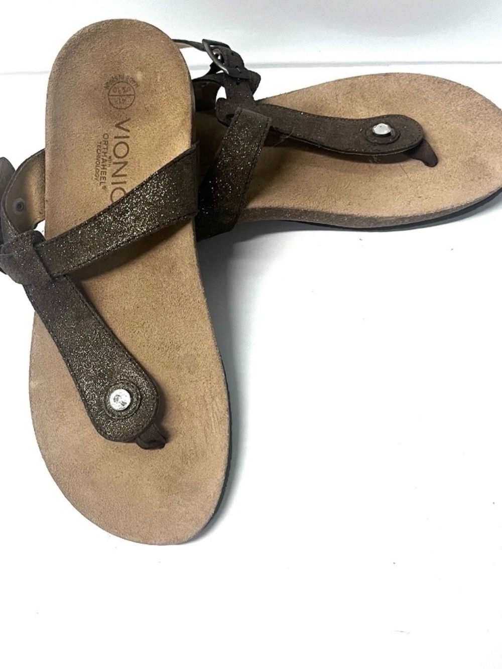 Vionic Sandals Women's Size 10 Brown Leather Glitter  with Rhinestone Accent